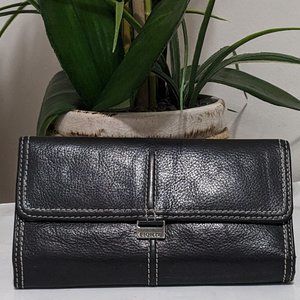 Fionte Womens Clutch Wallet Large Black Pebble Leather Credit Cards ID